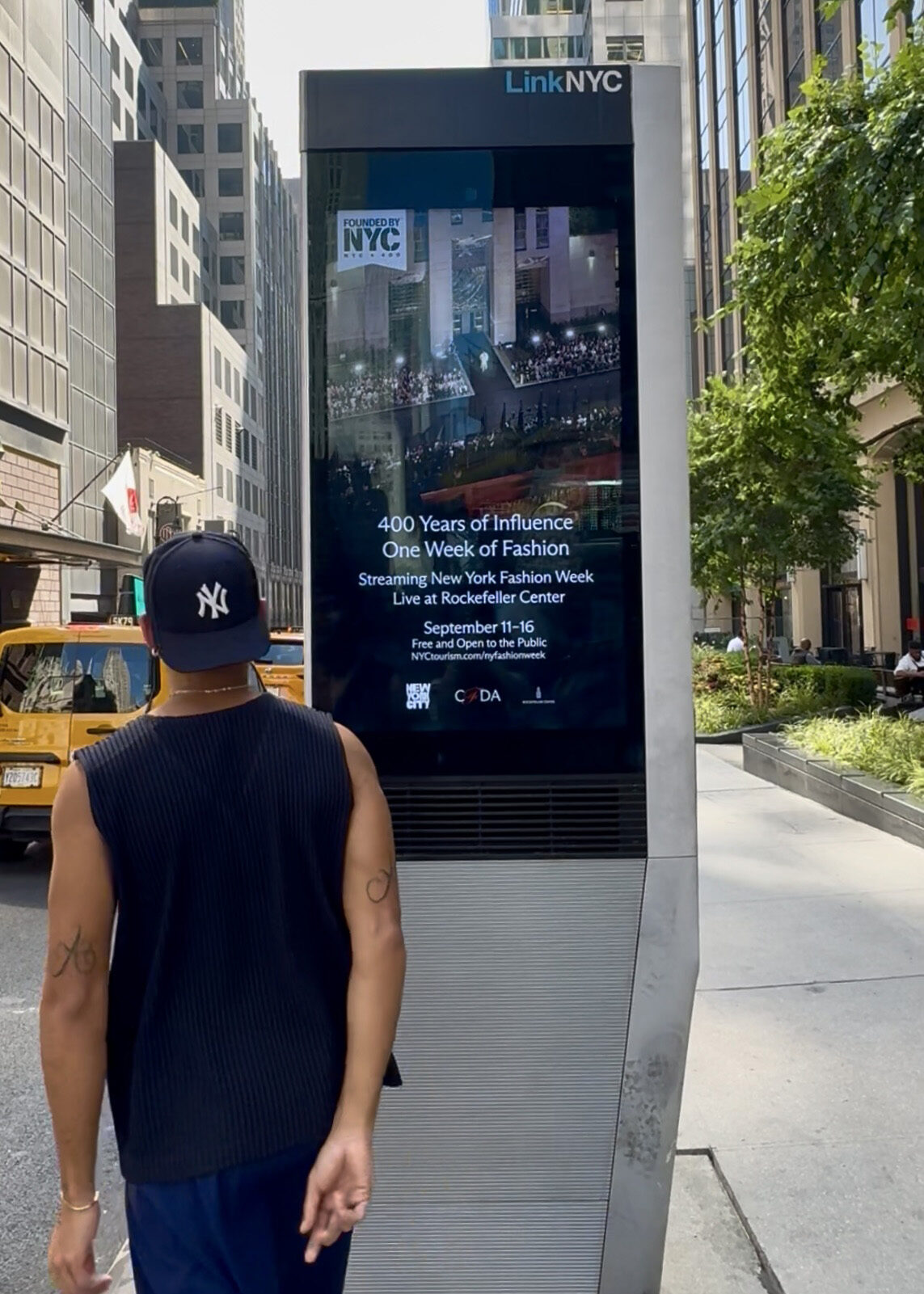 The CFDA "Founded By NYC" campaign on a LinkNYC kiosk